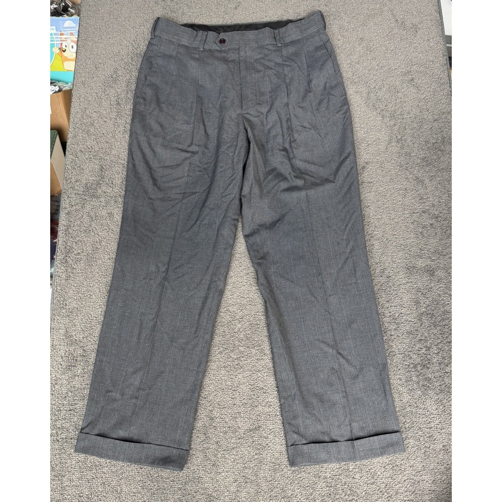 Stafford Essentials Mens Gray Glen Plaid Classic Fit Pleated Cuffed Pants 34x30